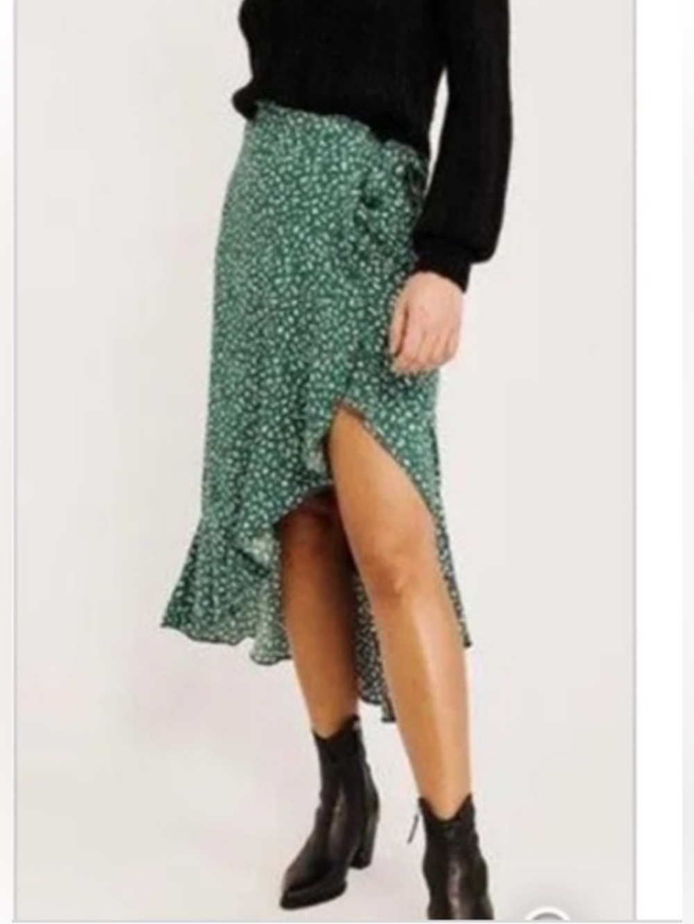 Abercrombie & Fitch Ditsy Floral Green Wrap High Low Ruffle Trim Maxi Skirt XS